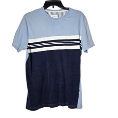 Denim & Flower Mens Blue Striped Short Sleeve Shirt Size Medium Preppy Nautical