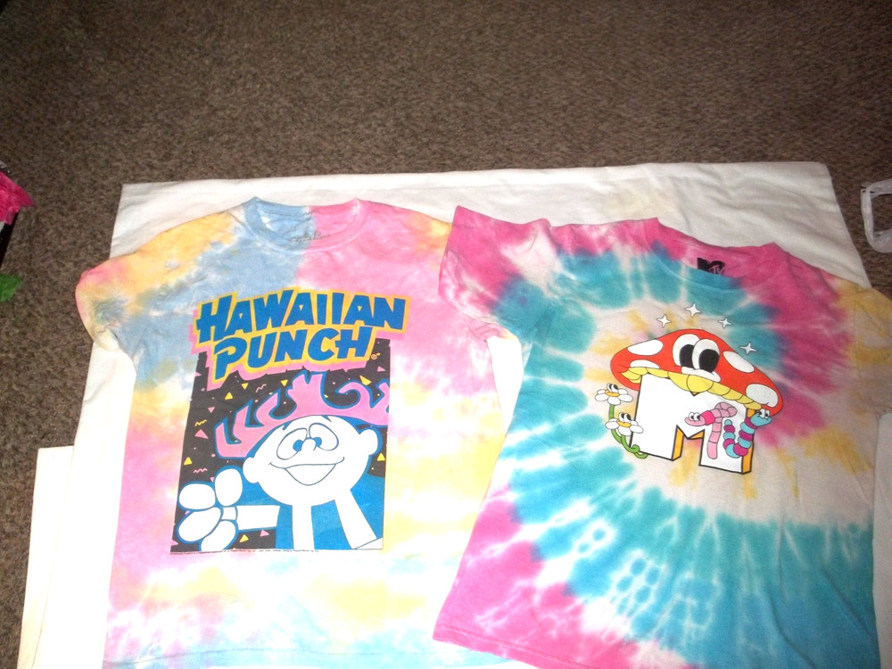 #4- 2 Tie-Dye T-shirts Hawaiian Punch Tee Luv & MTV mushroom guy