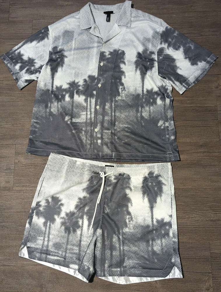 H&M 2-Piece Loose Fit Resort Shirt / Mesh Shorts Size XL Grey Beach Casual