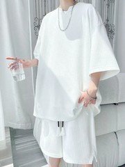 Short Sleeve T-Shirt Men Two-Piece Set Casual Loose Fit Round Neck Summer Beach