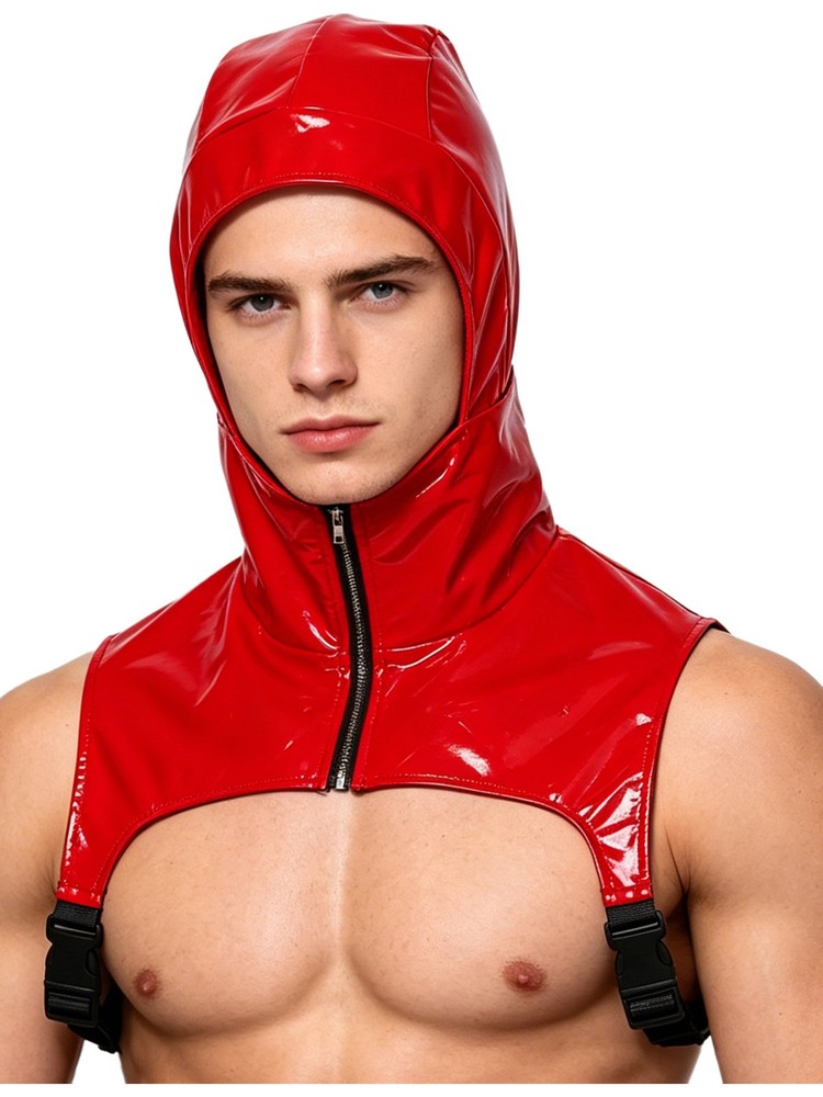 Men Muscles Vest Shirts Zipper Front Headgear Hoodies Crop Tops Shoulder Armor