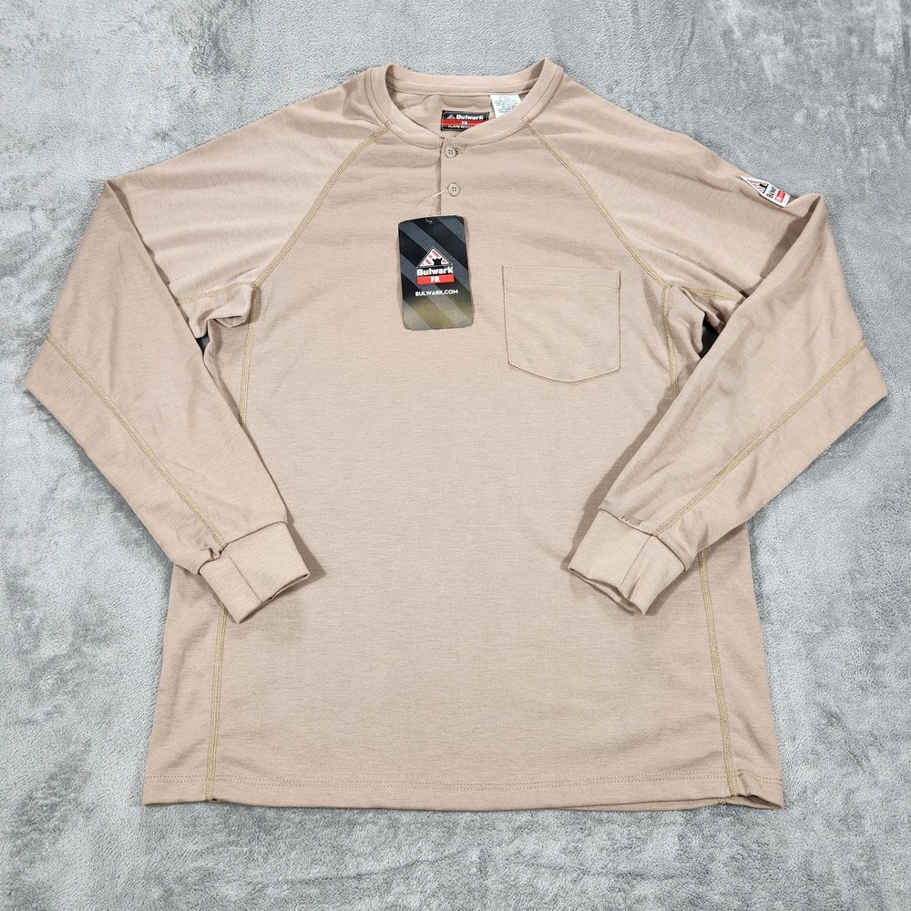 Bulwark FR Shirt Mens Medium Beige Henley Long Sleeve Flame Resistant Workwear