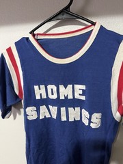 1960s Home Savings Blue Distressed Durene Ringer Jersey T-Shirt Flaws S