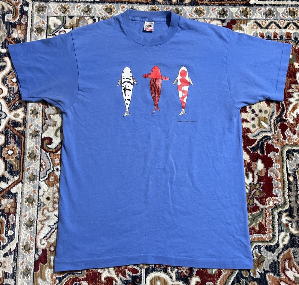 VTG 1994 Stephen Shimizu Koi Fish Fishing Nature Blue T-Shirt ADULT LARGE L READ