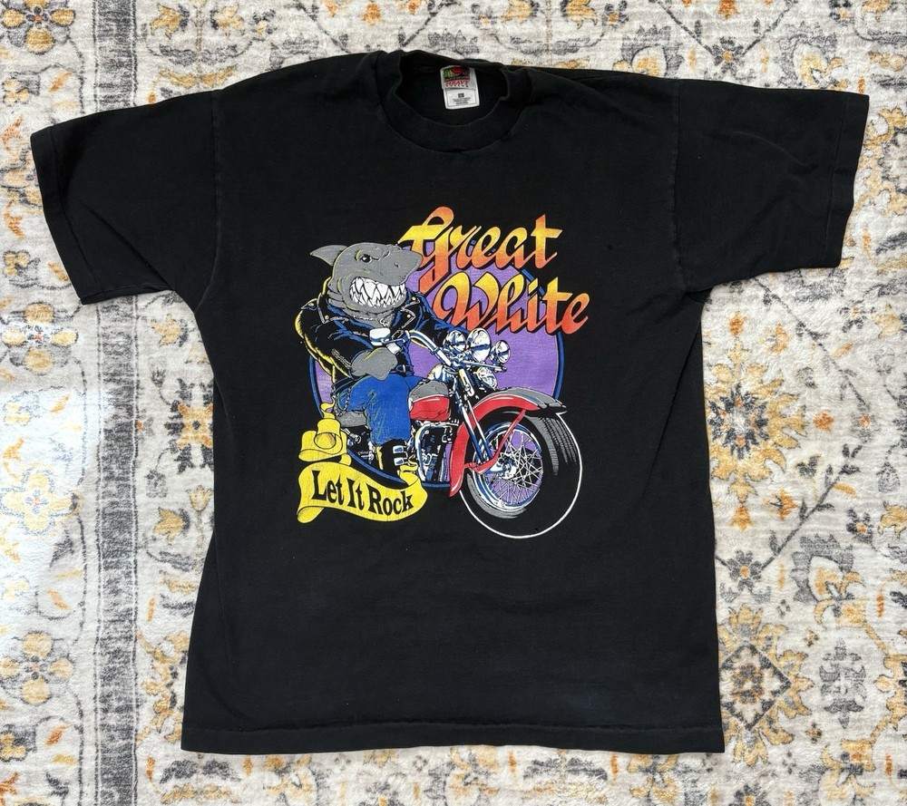 Vintage Great White 1997 US Tour Black T Shirt Size M/L Shark Motorcycle Single