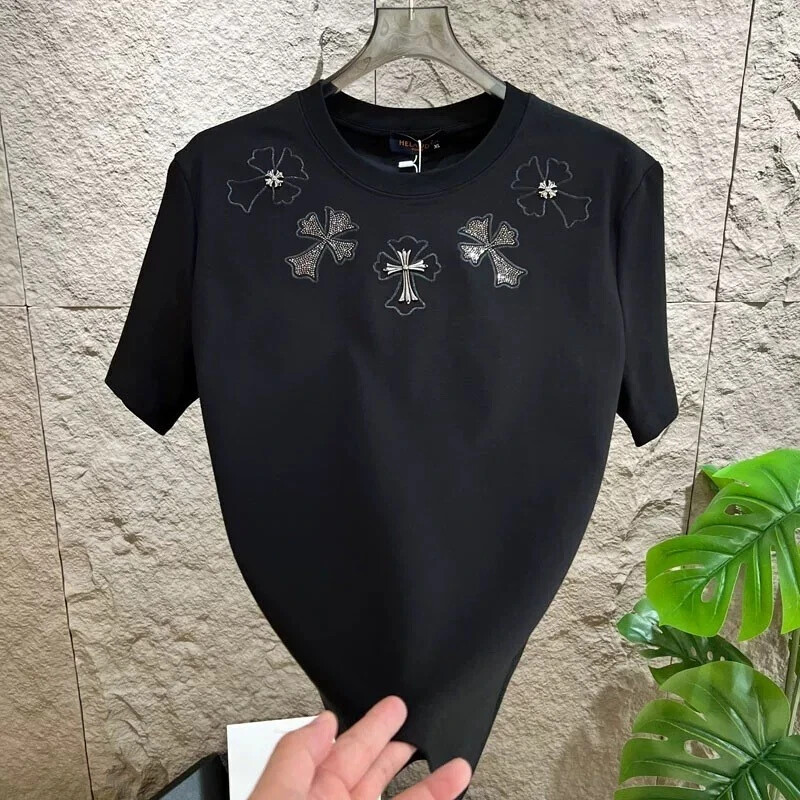 New Men Luxury Diamond Cross Rhinestones Fashion T-Shirt High Quality 3 Colors