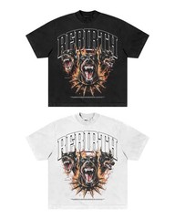 Men’s Vintage Washed Graphic T-Shirt Doberman Dog Fire Print Streetwear Tee