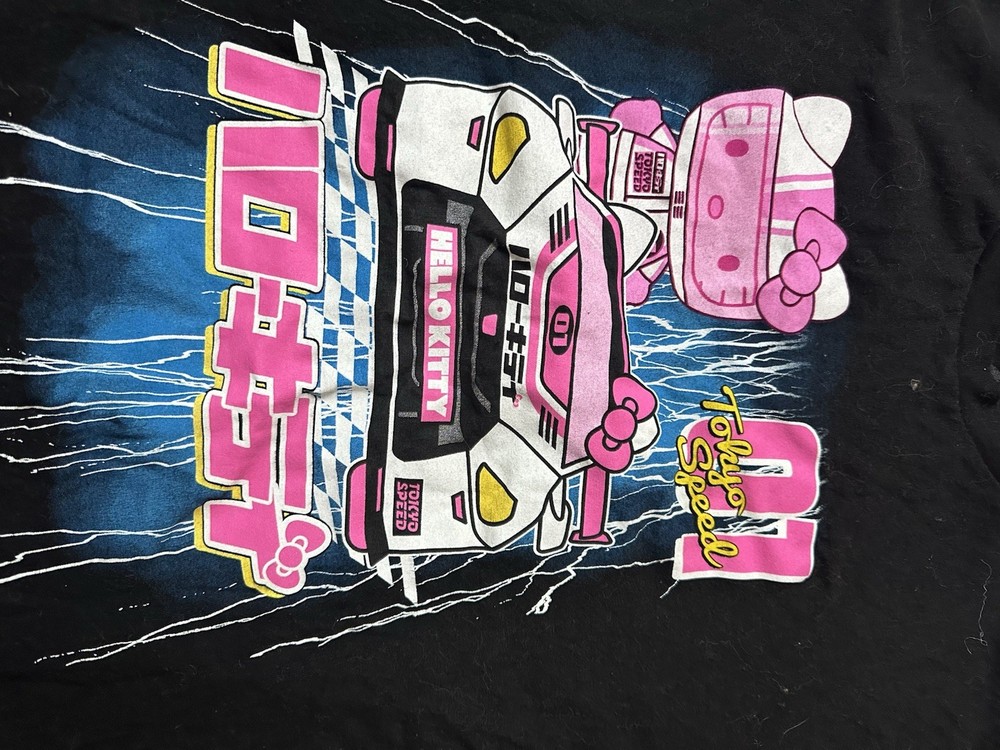 Hello Kitty Tokyo Speed Black Racing Graphic Tee Shirt L Cotton Crew Neck