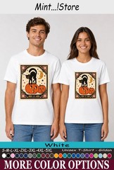 Cat Black Pumpkin Shirt, Vintage Halloween Postage Stamp Tee