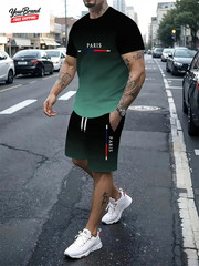Fashion Paris Print T-Shirt Shorts 2-Piece Set Men’S Short Sleeve Tee Elastic Wa