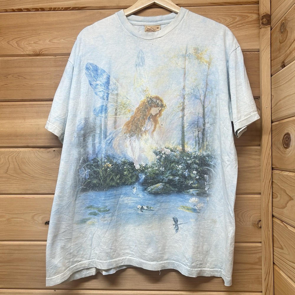 Vintage The Mountain Light Blue Tie Dye Fairy Forest Nature Graphic T Shirt L/XL