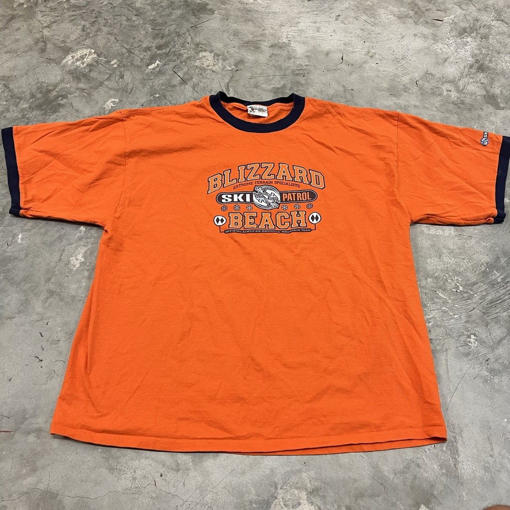 Vintage Disney Blizzard Beach Short Sleeve T Shirt Mens 2XL Orange Ski Patrol