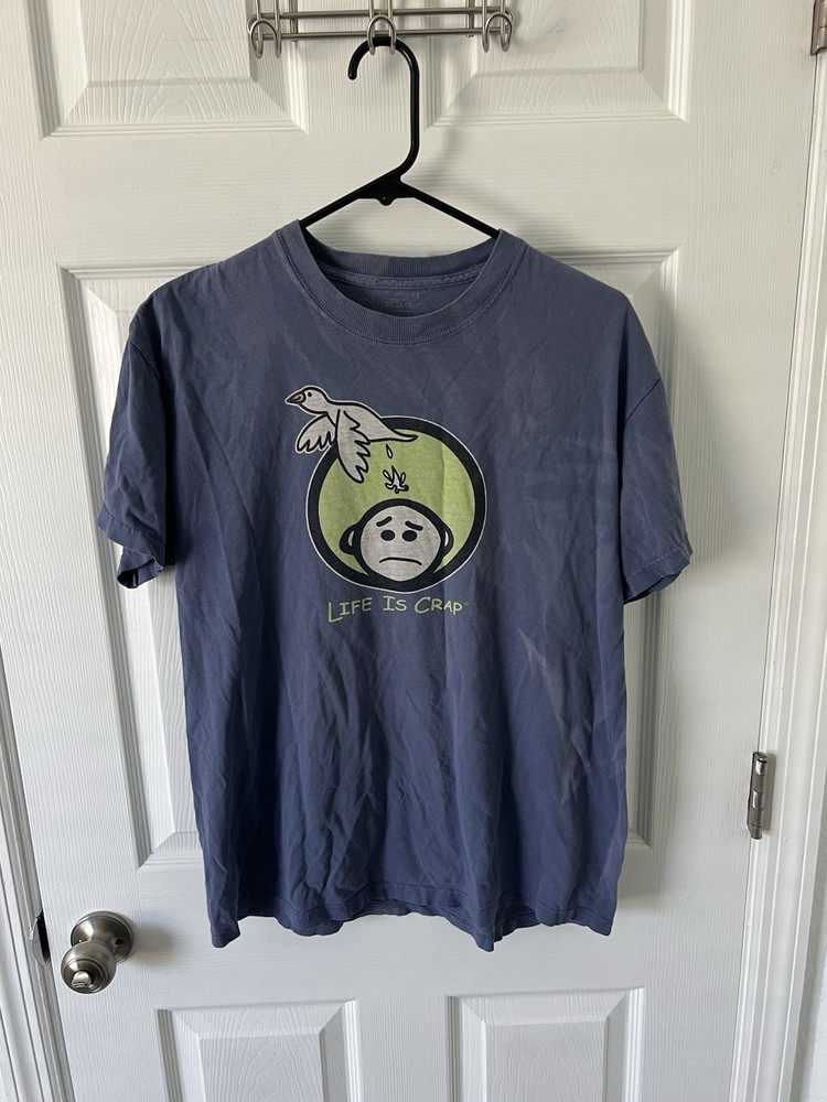 Life is Crap Bird Poop on Head Blue T-Shirt Size Medium FADING
