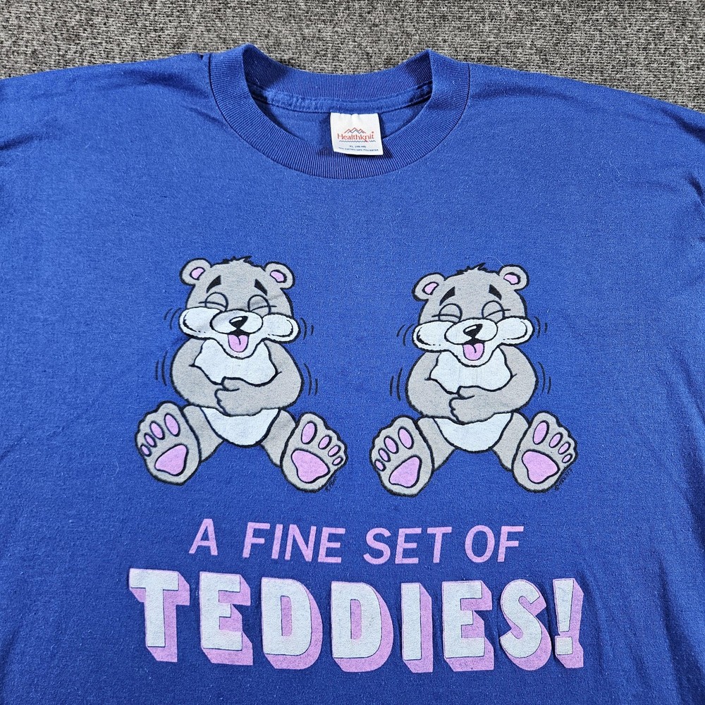 Vintage Healthknit A Fine Set Of Teddies Shirt Mens XL Blue Teddy Bear Funny 80s