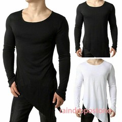 Men Asymmetrical Long Sleeve T Shirt Black White Irregular Hem Gothic Top