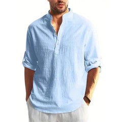 Autumn Men Cotton Linen Henley T-Shirt Lightweight Breathable Casual Top Gift