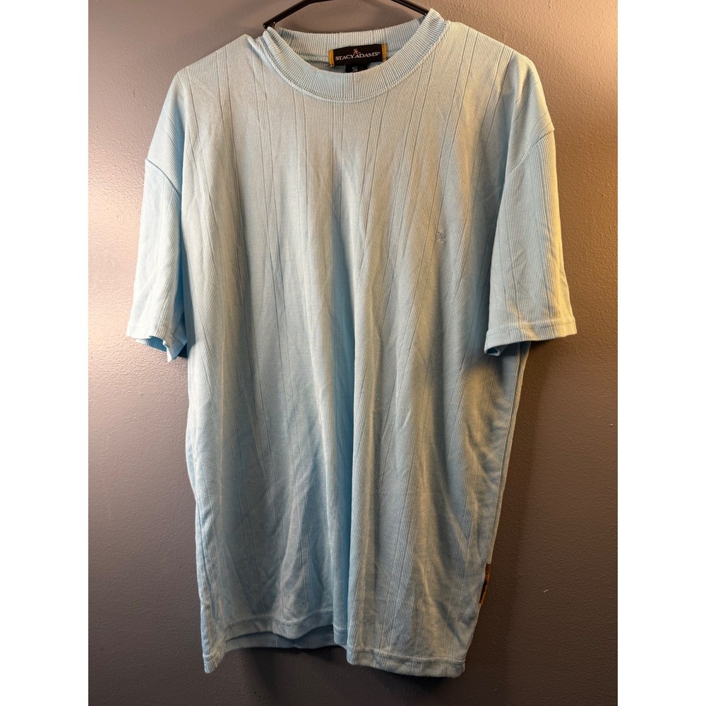 Stacy Adams Mens Large Light Blue Ribbed Knit Short Sleeve Crew Neck Shirt