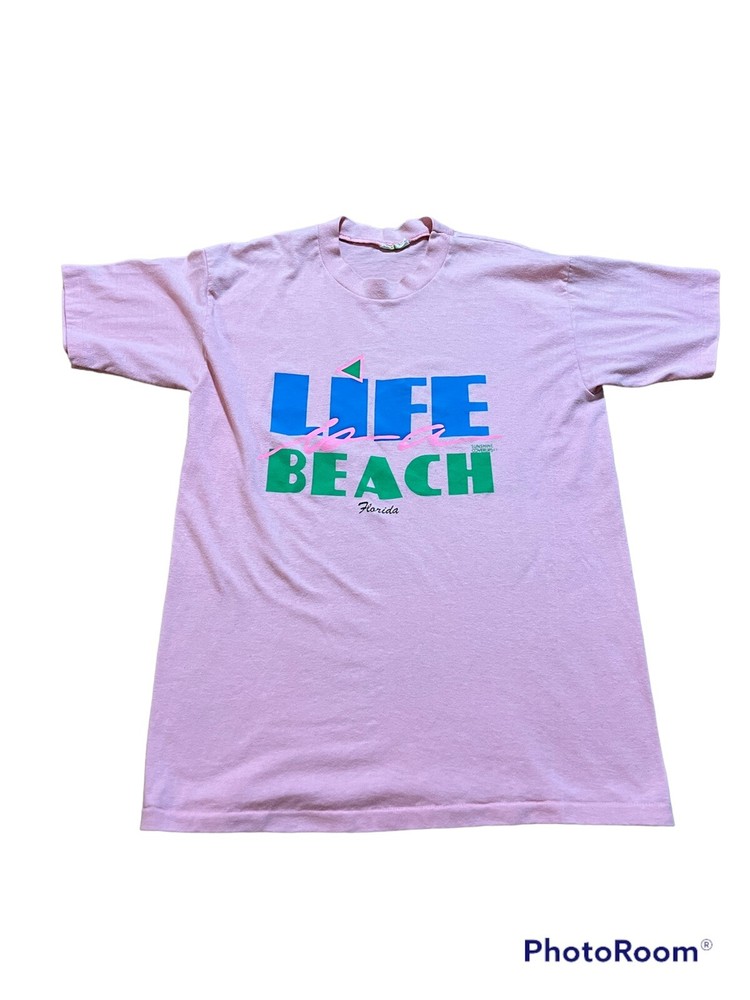 Vintage 1980s Life Is A Beach Florida Pink T-Shirt Large 80s Souvenir