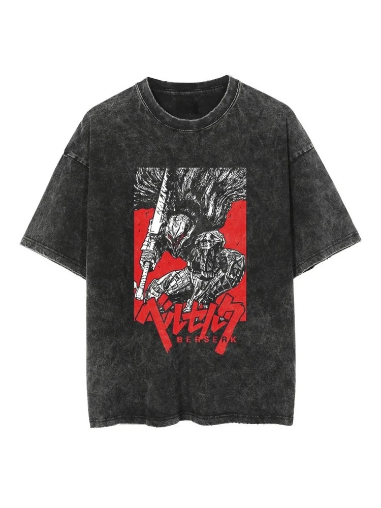Guts Beast Mode Retro T-shirt with Washed Round Neck Print for Spring and Summer