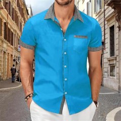 Camisa Con Botones Elegante De Manga Corta Para Hombres Sólida Cuello Levantado