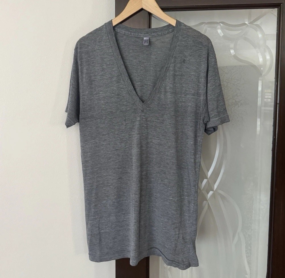 Vintage American Apparel Deep V Neck T Shirt Y2K Large Gray Tri Blend Track Tee