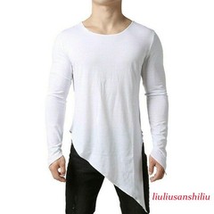 Mens Asymmetric Slit Hem Summer T-shirt Top Tee Long Sleeve Pullover Shirt Hot