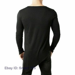 Mens Asymmetric Slit Hem Summer T-shirt Top Tee Long Sleeve Pullover Shirt Hot