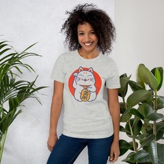 Japanese Maneki Neko Lucky Cat Tee Fortune Wealth Gold Coin Soft Cotton Tee