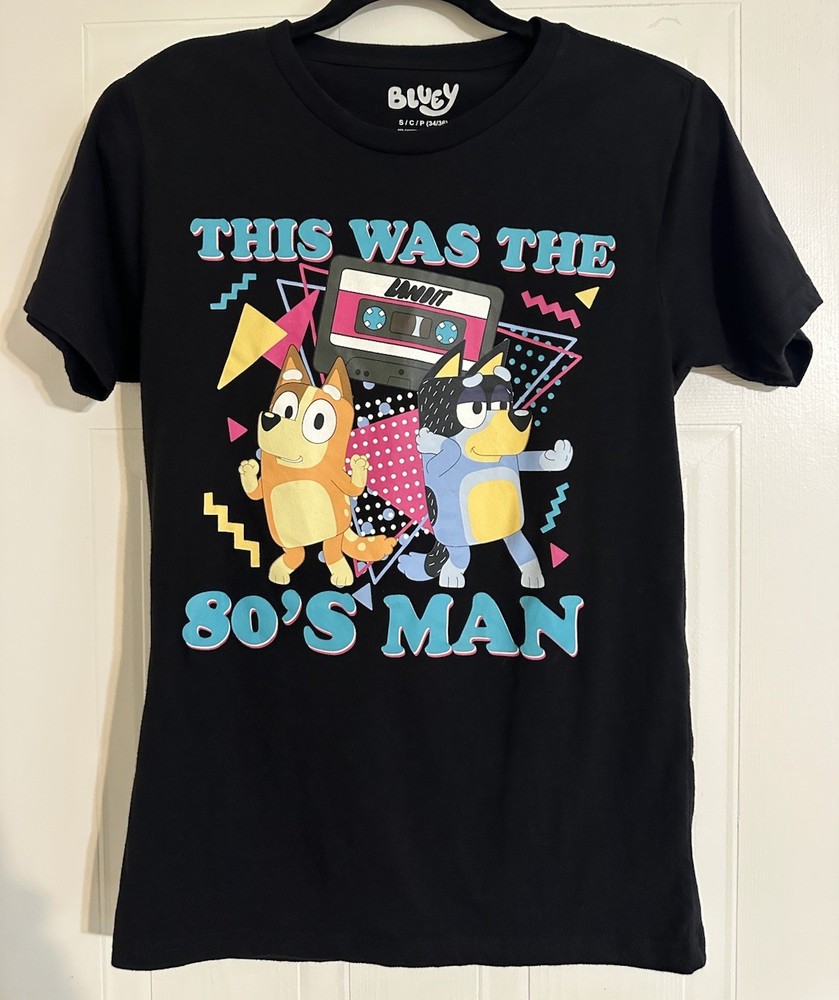 Bluey This Was The 80’s Man Black Graphic T-Shirt Size Small Disney Bingo
