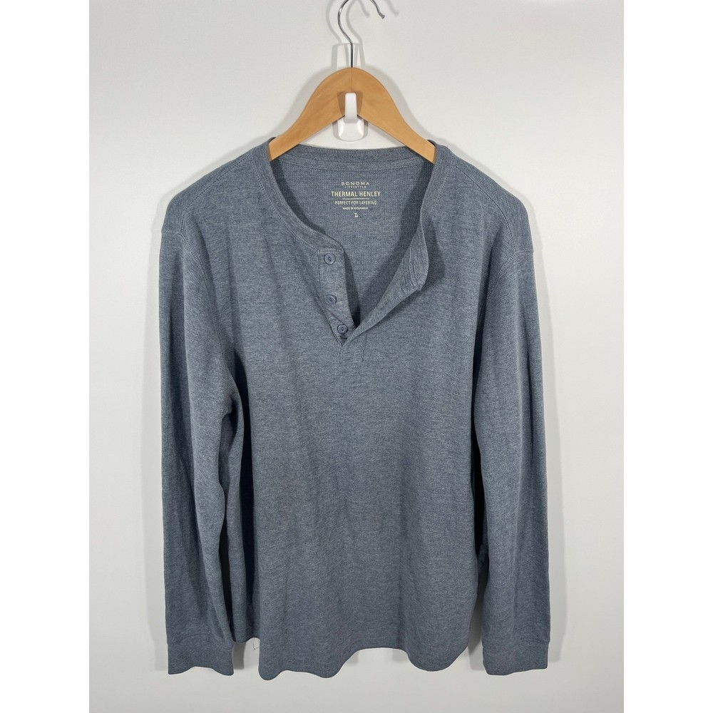 Sonoma Mens Thermal Henley L Blue Base Layer Hiking Outdoor Camping Travel