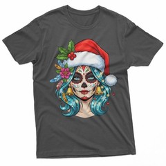 Christmas Sugar Skull Art Woman Santa Hat Festive Design T-Shirt