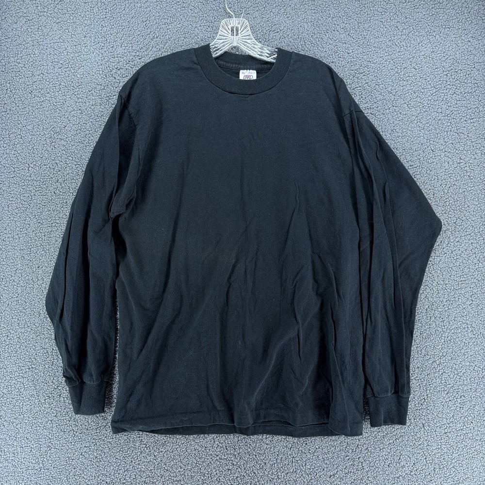 VTG BVD Premium Series T Shirt Mens XL Black Long Sleeve Made In USA Plain Blank