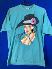 Vtg 90s Student Machine Graphic Tee Art Deco Lady Floral Hat Teal 100% cotton