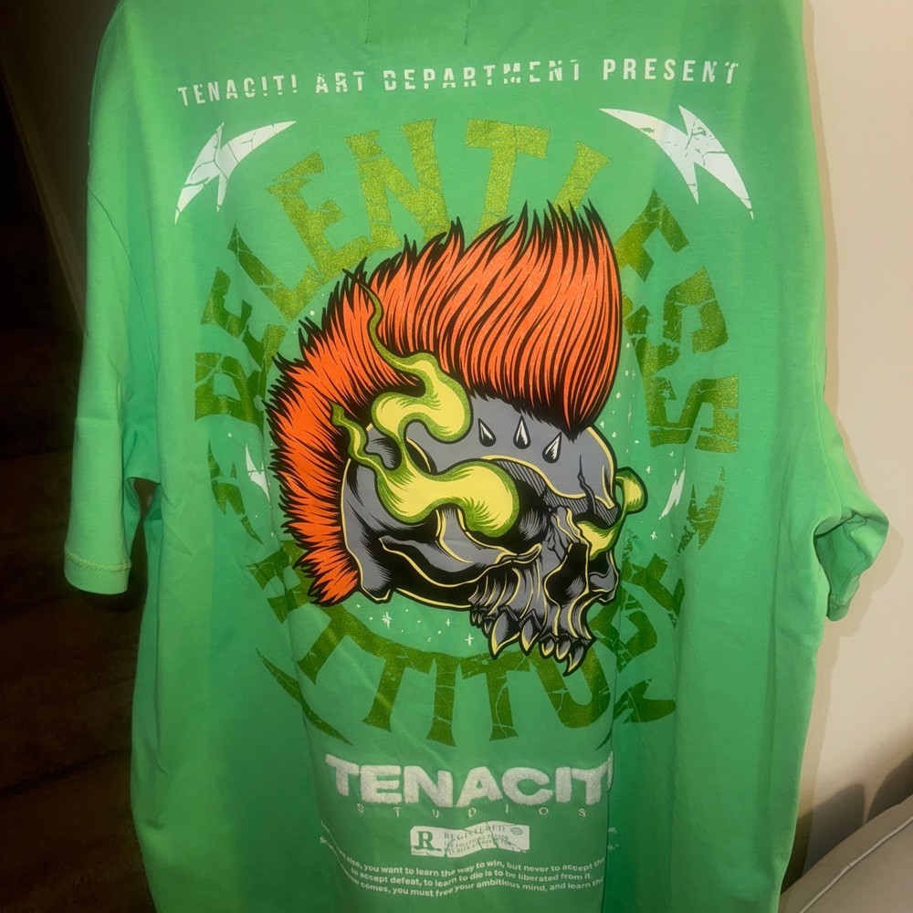 TENACITI STUDIO Green and orange skull T-shirt size 3 XL puff print
