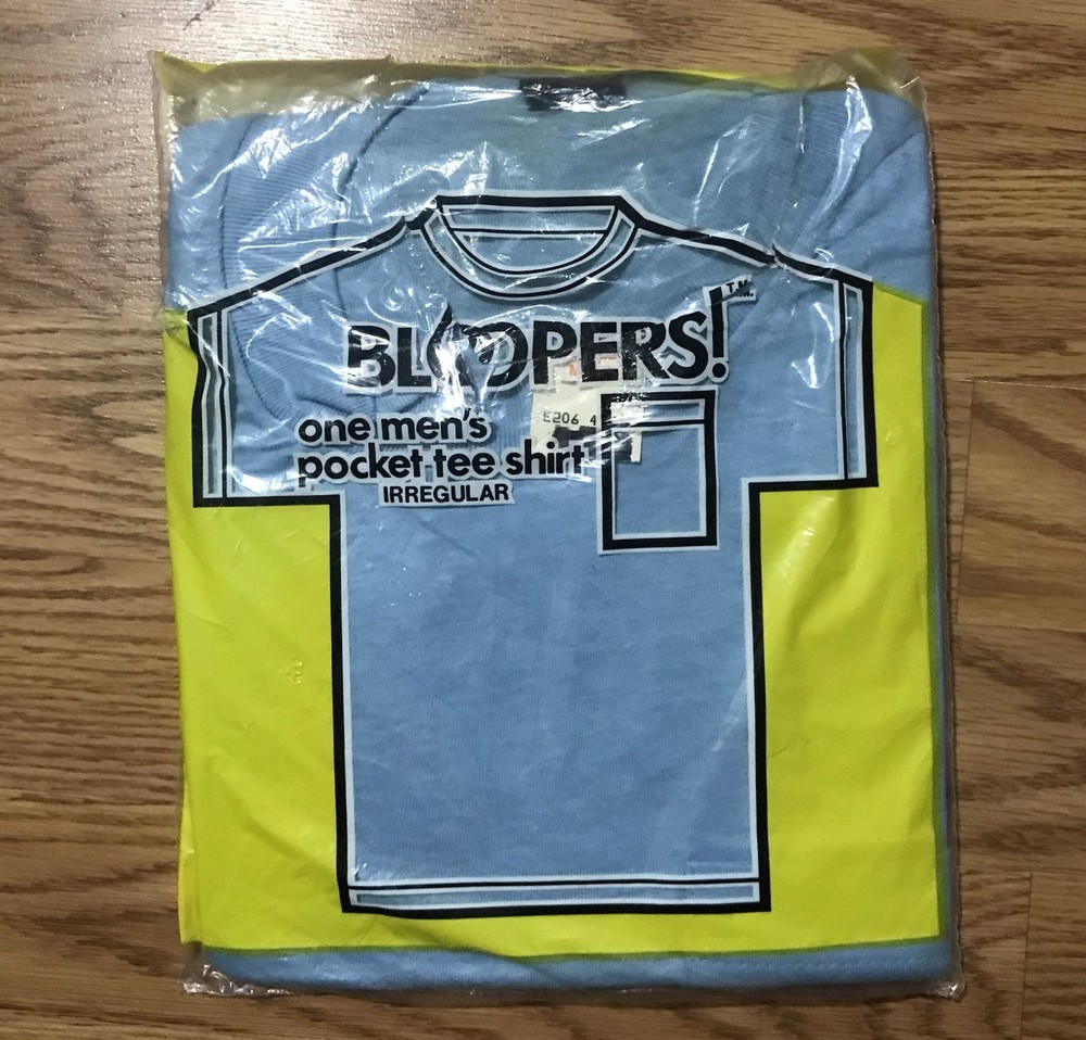 Vintage Bloopers Mens M Irregular Pocket T-shirt Light Blue Made in USA