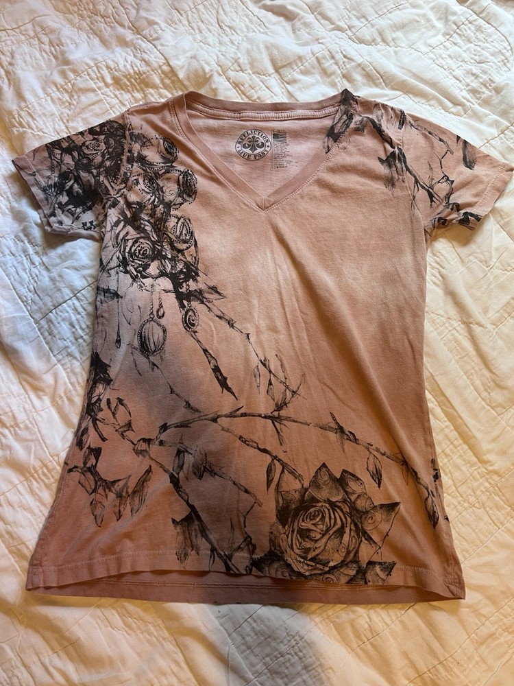 Affliction womens XS Pink/Black Rose Graphic V-Neck Short Sleeve Cotton Tee