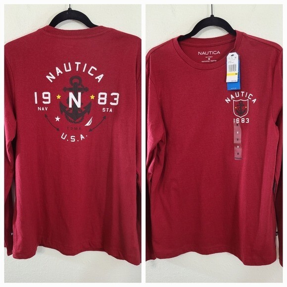 *NEW* Nautica Red Graphic Long-Sleeve Shirt Nautical Beach Travel, size Medium