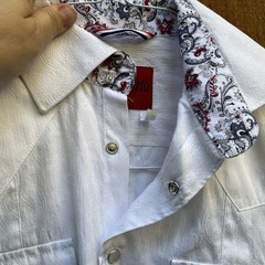 Patroncito Shirt Small White Sleeveless Textured Brocade Fabric Snap Button Dow