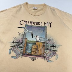 Vtg 90s Chesapeake Bay Virginia Anvil Mens Shirt L Beige Dock Nature Scene USA