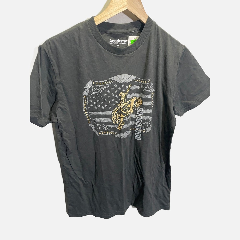 Academy Sports Mens Graphic T-Shirt Gray Bronco American Flag Western Tee Medium