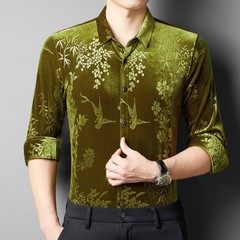 Men Velevt Blouse Shirts Tops Floral Printed Plush Casual Formal Cardigan M-3XL