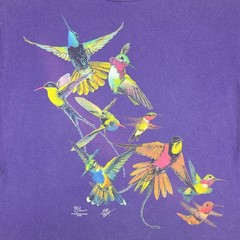 Vintage Hummingbird Shirt Mens Medium Purple Double Sided Wild Cotton Floral Art