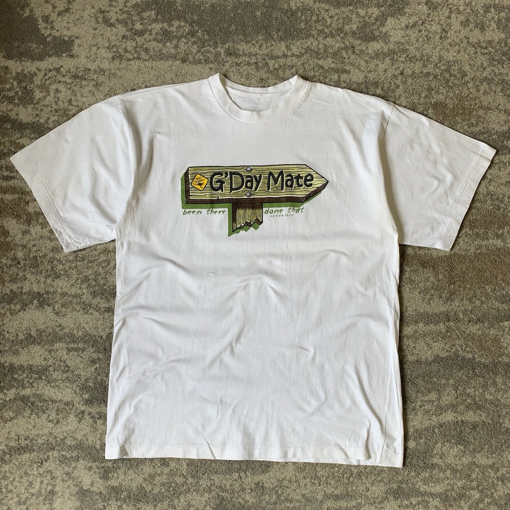 Vintage Australia Slogan T-Shirt White Graphic Print Tourism Single Stitch XL