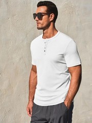 Men’s Henley Shirt Short Sleeve Casual Ribbed Knitted Summer T-Shirt XL