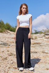 Women Casual Wide Leg Cargo Pants Stretch High Waisted Pull On Lounge Work Pa…