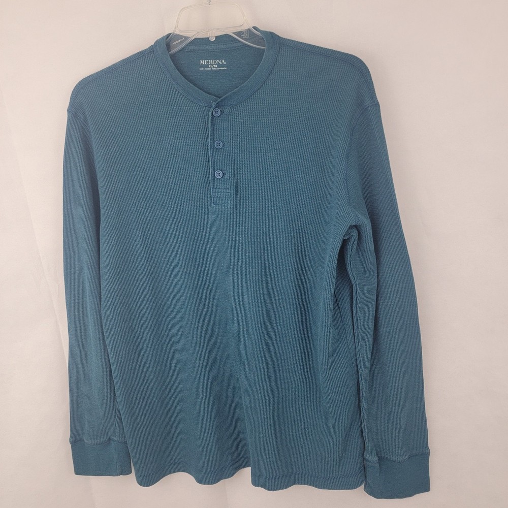 MERONA Mens Shirt Sz XL Henley Thermal Waffle Knit BLUE Faded Grunge Y2K