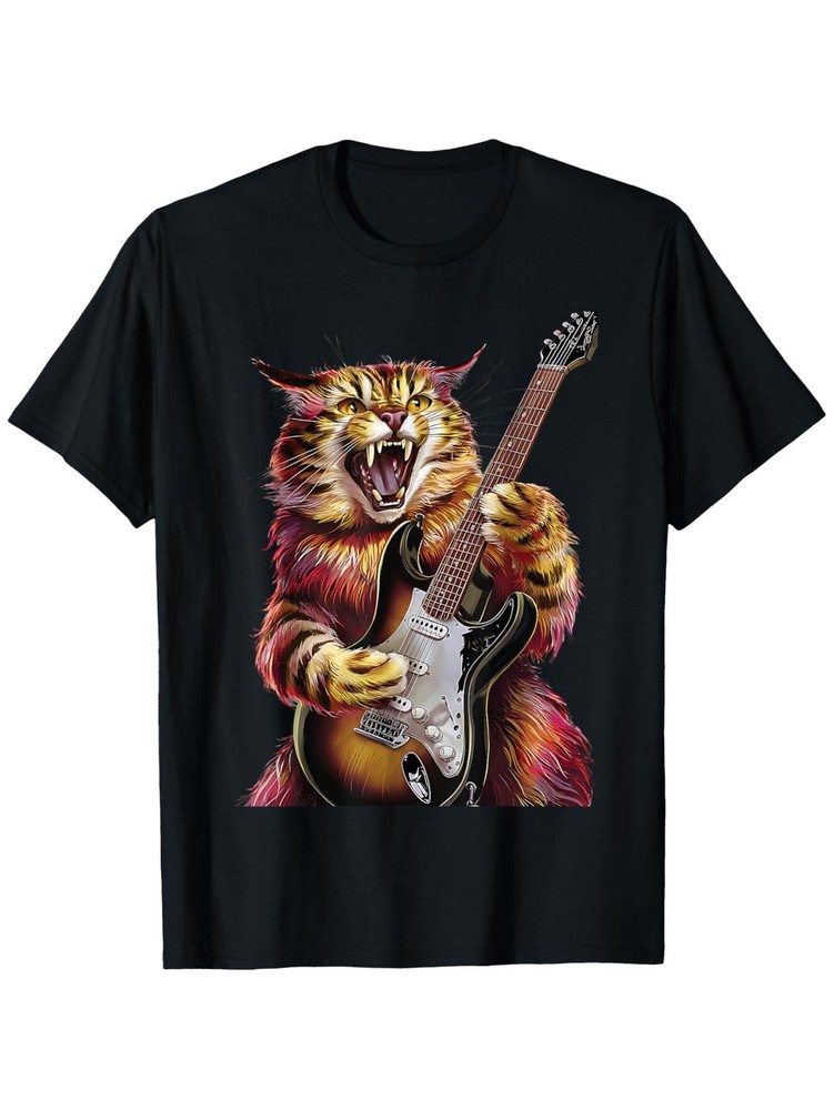 Funny Rock Music Guitar Rock and Roll Cat Playing Guitar Graphic T-Shirt
