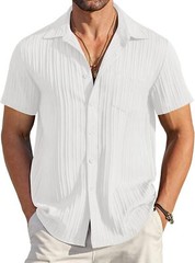 Men Casual Button Down Short Sleeve Textured Summer Beach Shirt with Pocket