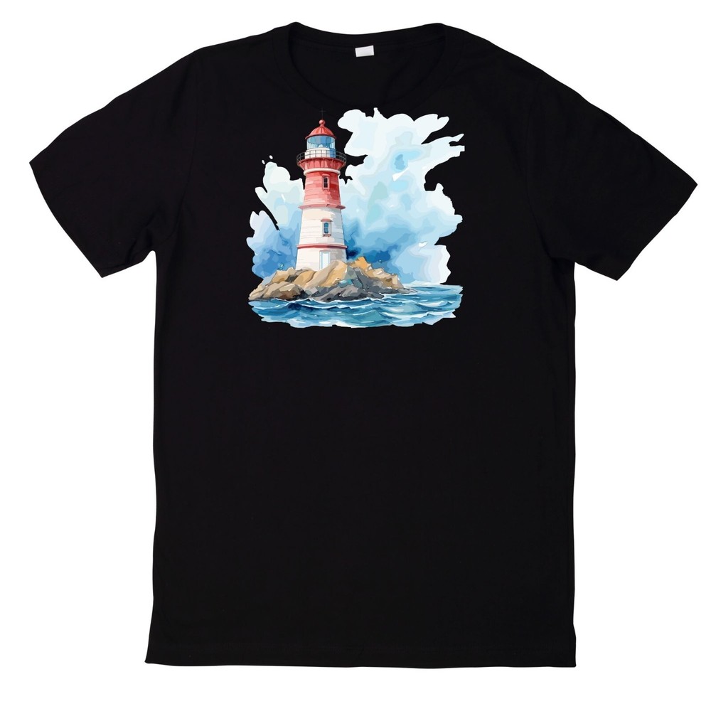 Watercolour Lighthouse Motif Cotton T-Shirt