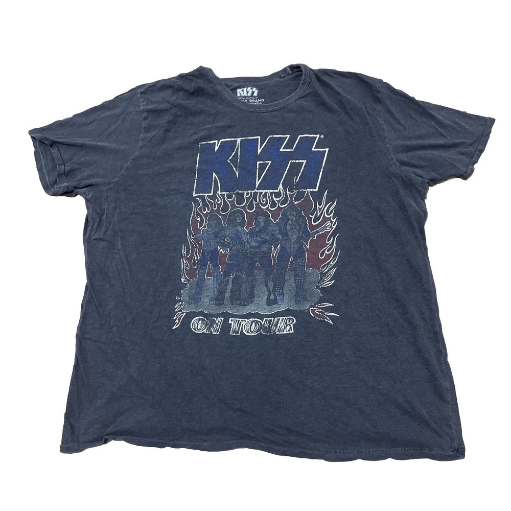 KISS Lucky Brand T Shirt Men XXL Gray Blue Music Rock Band Graphic Tee 2XL 50-52